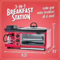 Nostalgia 3-in-1 Breakfast Station - Includes Coffee Maker, Non-Stick Griddle, and 4-Slice Toaster Oven